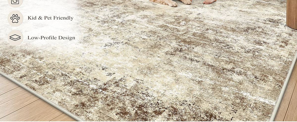 OLANLY Beige Abstract Washable Area Rug