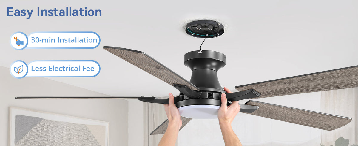 ZMISHIBO 52-Inch Flush-Mount Ceiling Fan with LED Light, Black