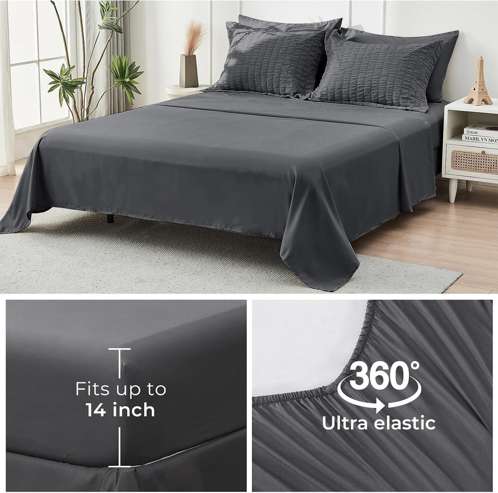 HYMOKEGE Queen Seersucker Bedding Set, 7 Pieces, Dark Grey
