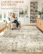 OLANLY Beige Abstract Washable Area Rug