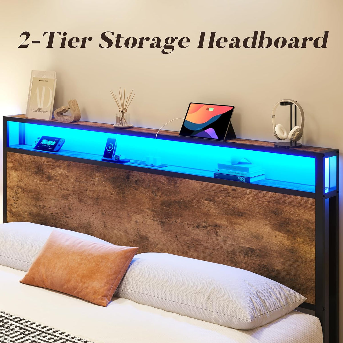 Lifezone Queen Storage Bed Frame with Charging Headboard and LED Lighting