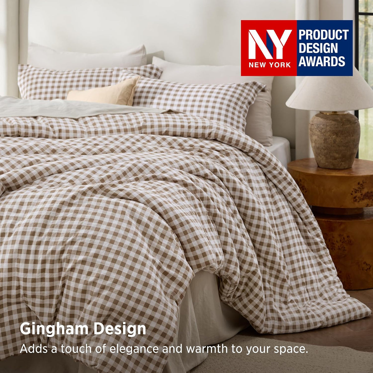 Bedsure Brown Gingham Queen Comforter Set, 3 Pieces