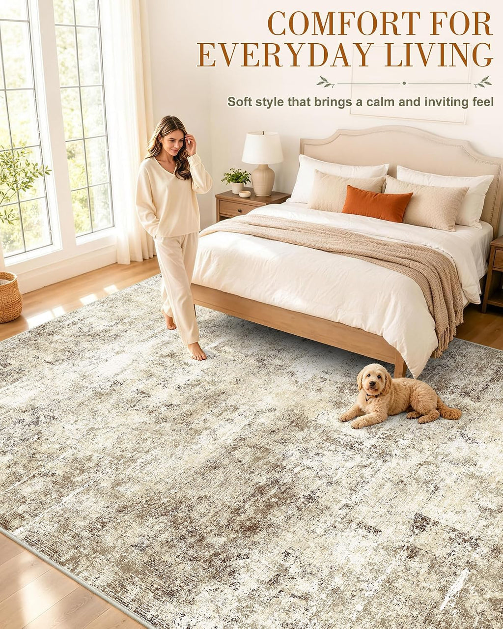 OLANLY Beige Abstract Washable Area Rug