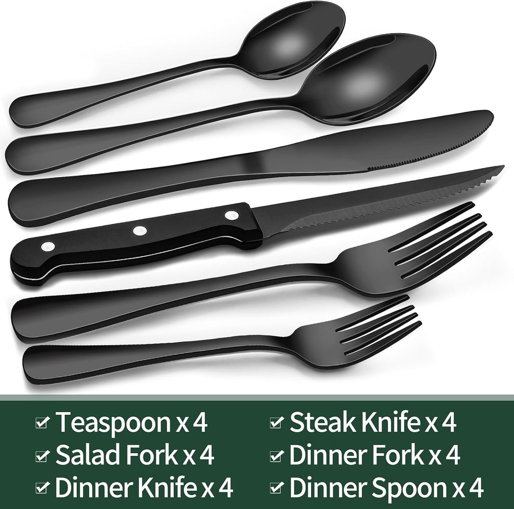 EWFEN Black Flatware with Steak Knives, 24-Piece Set