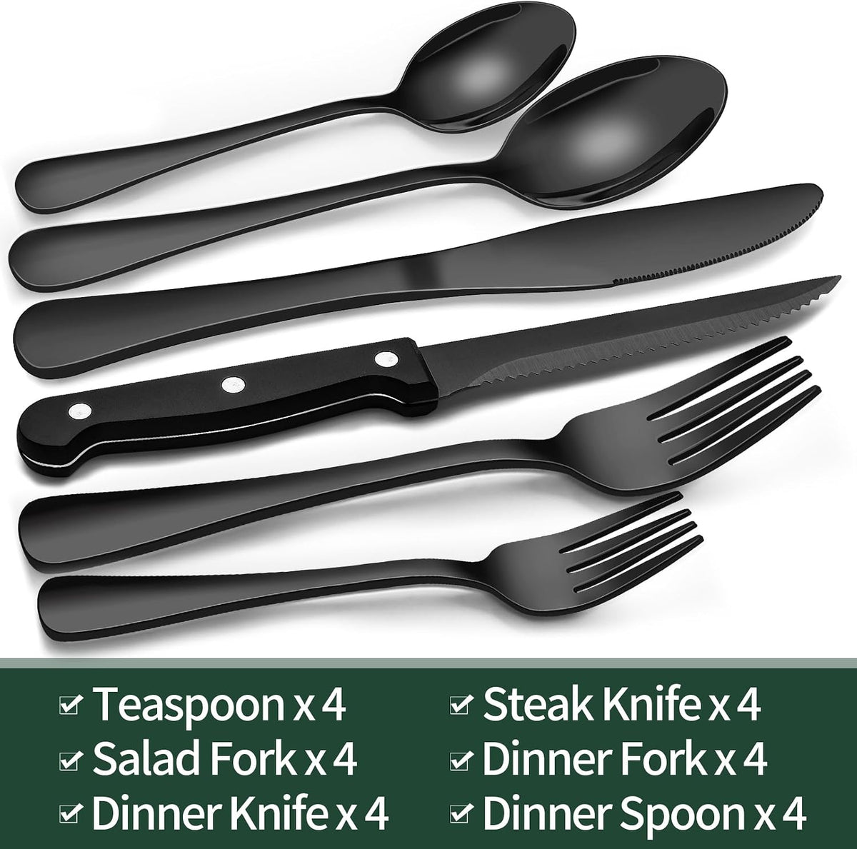 EWFEN Black Flatware with Steak Knives, 24-Piece Set