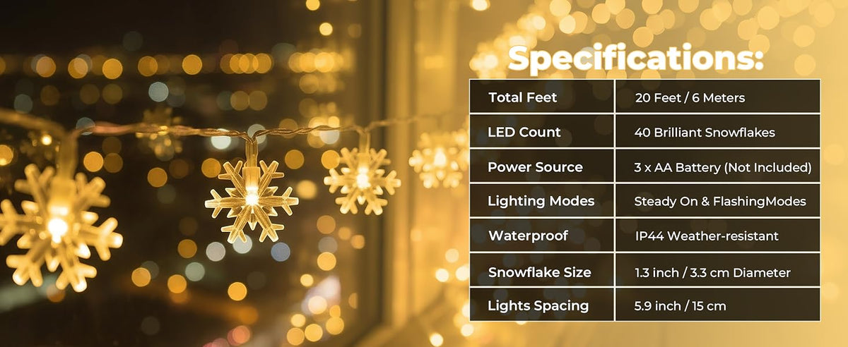 CESOF Warm White Snowflake String Lights, 20 ft