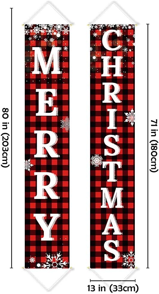 Ivenf Merry Christmas Porch Banners, Red and Black Plaid, Set of 2