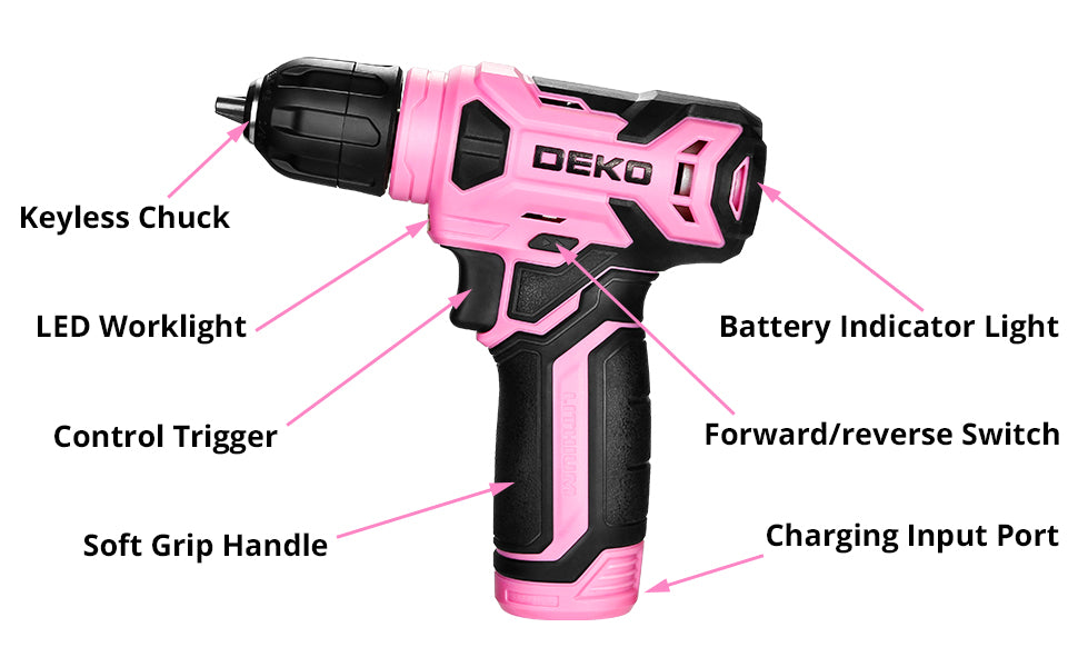 DEKOPRO 126-Piece Cordless Drill and Hand Tool Set – Pink – product detail
