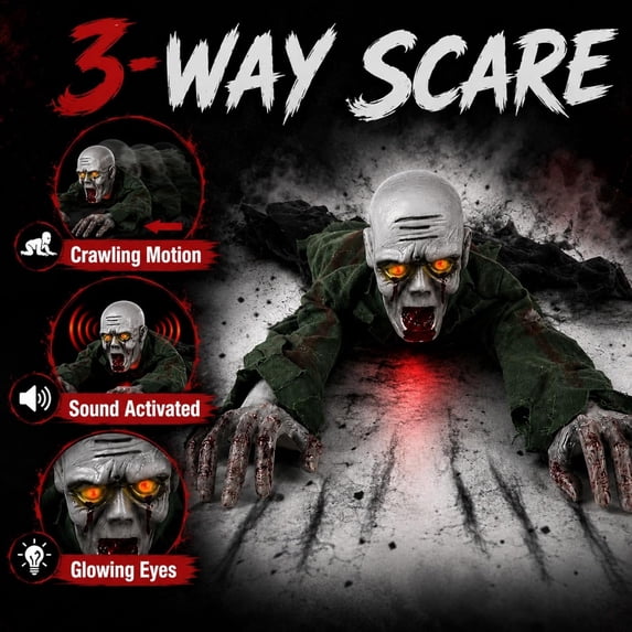 Crawling Zombie Animatronic, Moving Arms, Red Glowing Eyes & Scary Sounds for Haunted House, Hallway & Party & Spooky Home Decor Motorized Creeping Zombie