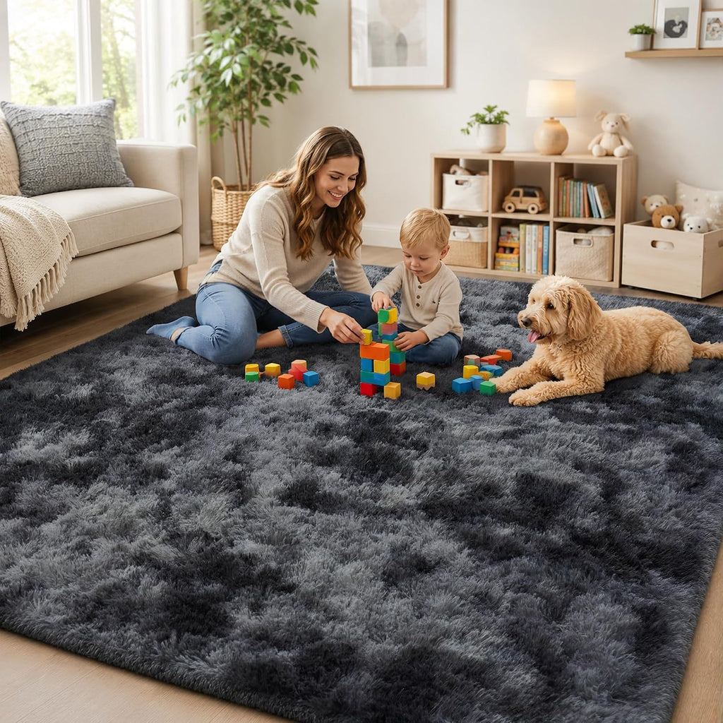 PLHXFR Shag Area Rug, Tie-Dyed Dark Grey, 8 x 10 ft