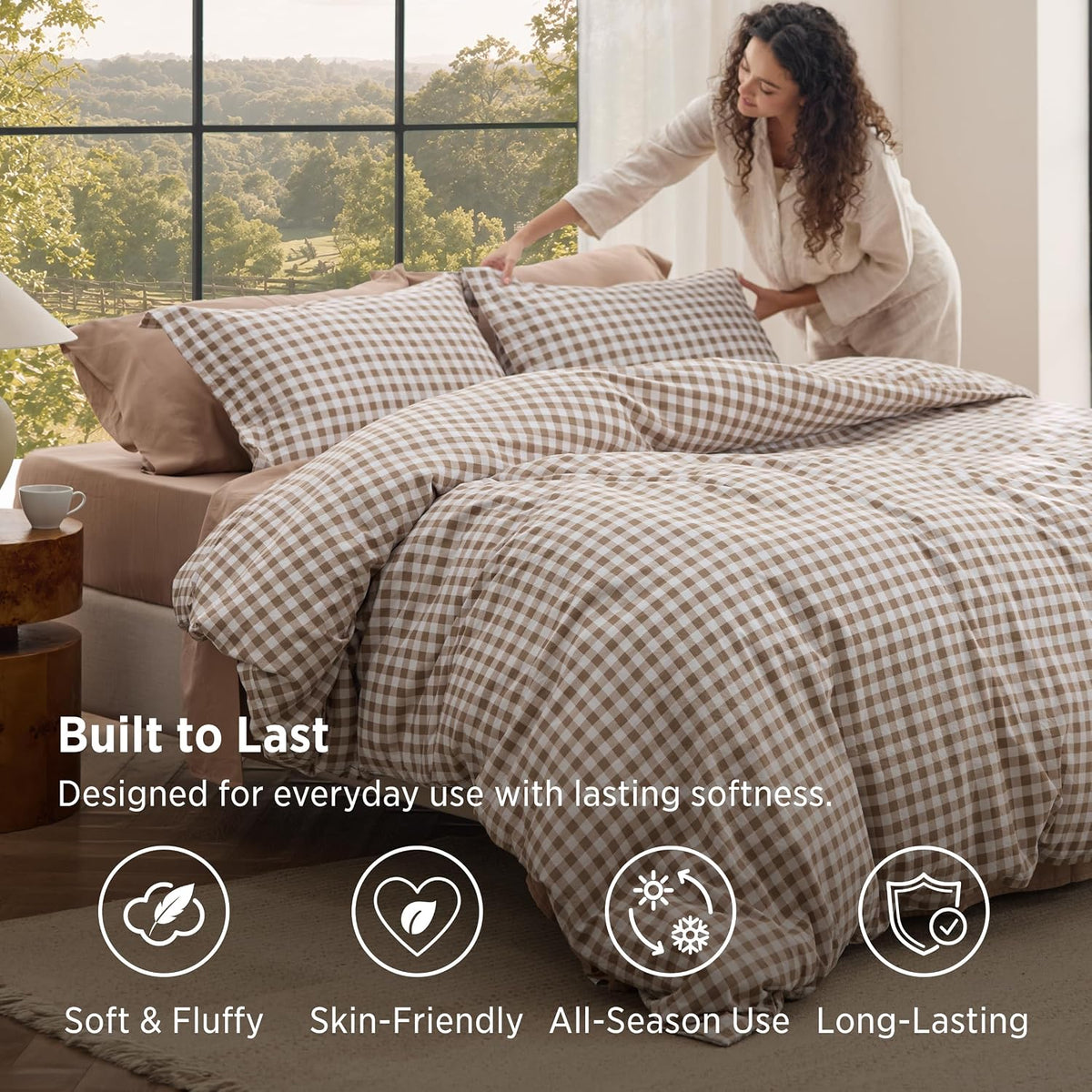 Bedsure Brown Gingham Queen Comforter Set, 3 Pieces
