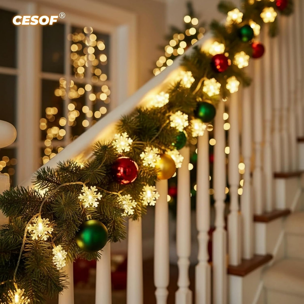 CESOF Warm White Snowflake String Lights, 20 ft