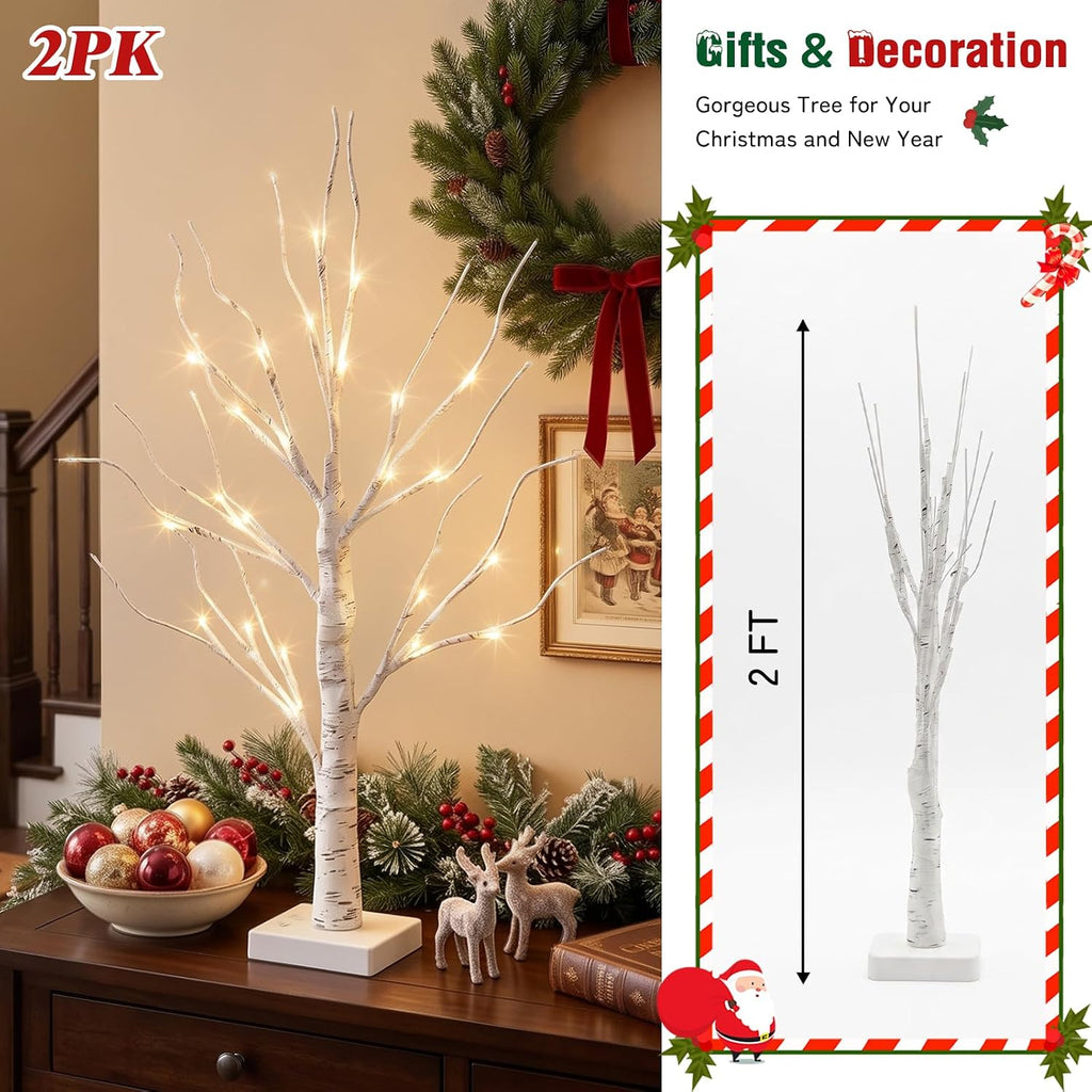 PEIDUO Lighted Birch-Style Tabletop Trees, 2 ft, Set of 2