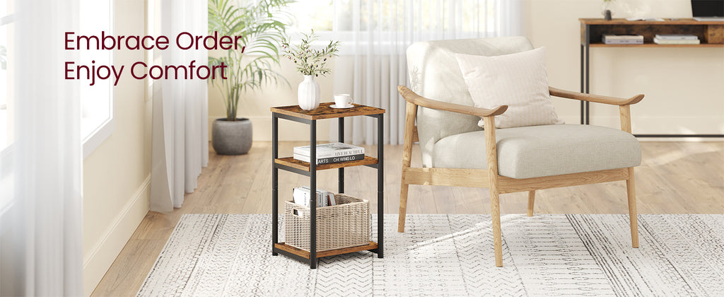 VASAGLE Three-Tier Rectangular Side Table, Rustic Brown and Ink Black