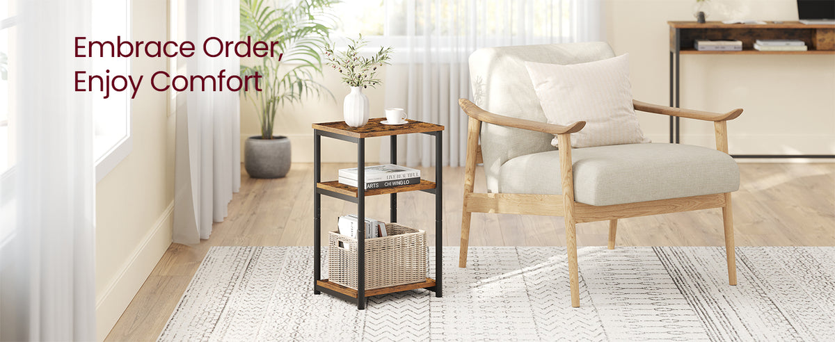 VASAGLE Three-Tier Rectangular Side Table, Rustic Brown and Ink Black