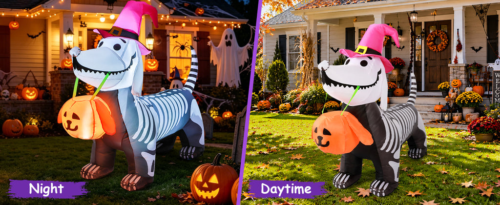 GOOSH 5.5-Foot Halloween Skeleton Dog & Pumpkin Inflatable – White – product detail