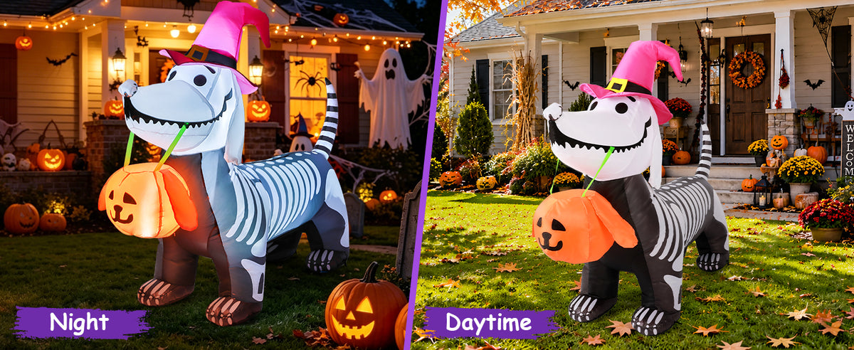 GOOSH 5.5-Foot Halloween Skeleton Dog & Pumpkin Inflatable – White – product detail