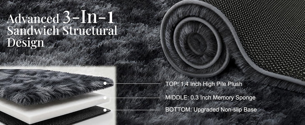 PLHXFR Shag Area Rug, Tie-Dyed Dark Grey, 8 x 10 ft