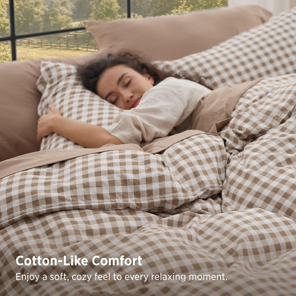 Bedsure Brown Gingham Queen Comforter Set, 3 Pieces