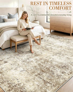 OLANLY Beige Abstract Washable Area Rug