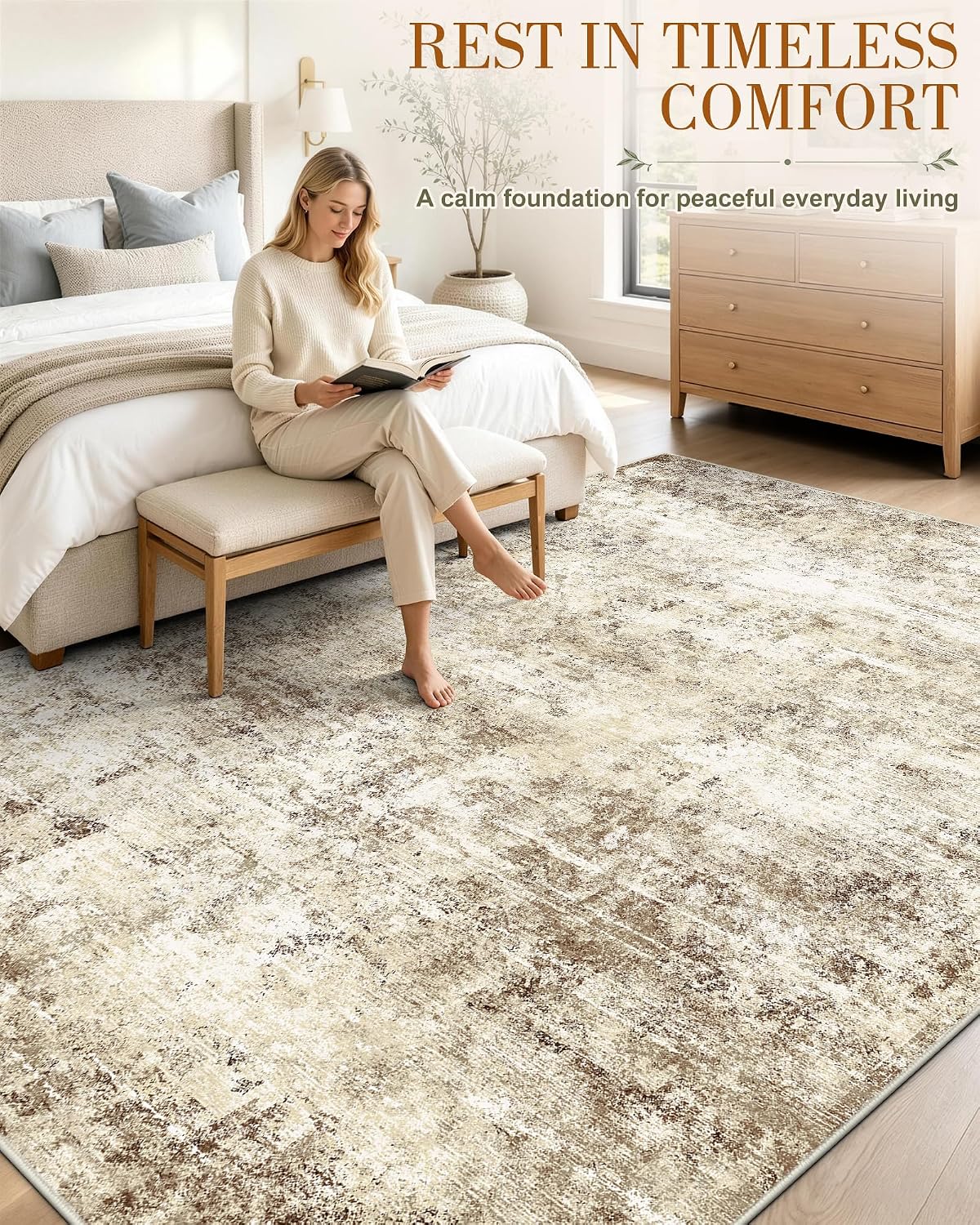 OLANLY Beige Abstract Washable Area Rug