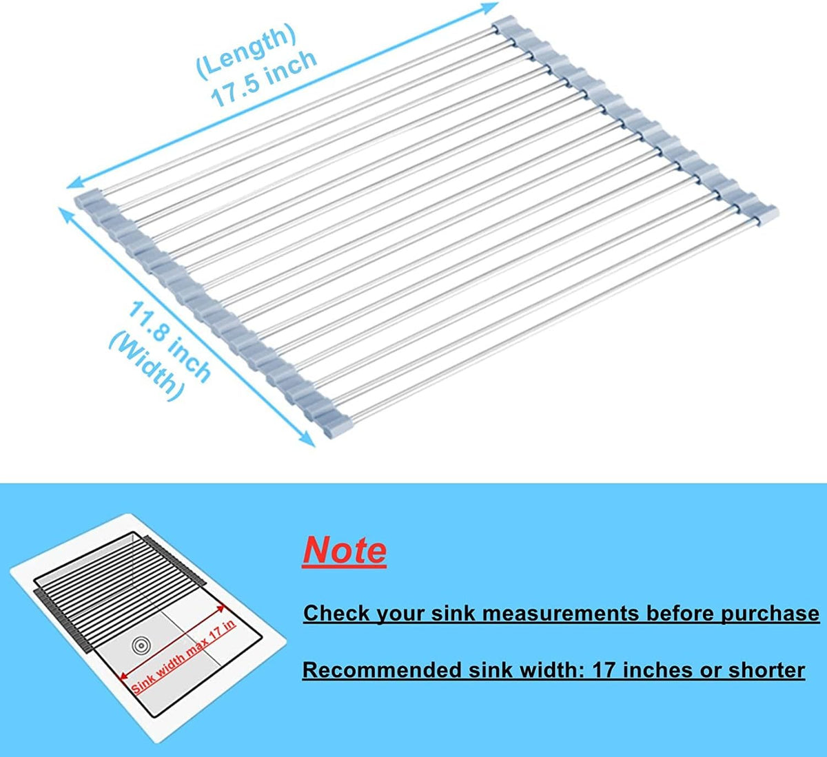 Seropy Roll-Up Sink Drying Rack, Grey, 17.5 x 11.8 in