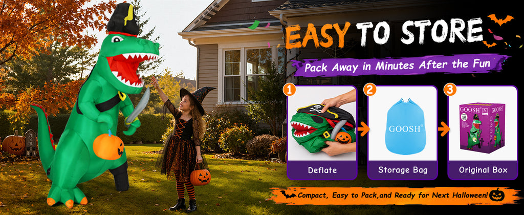 GOOSH 7-Foot Halloween Pirate Dinosaur & Pumpkin Inflatable – Green – product detail