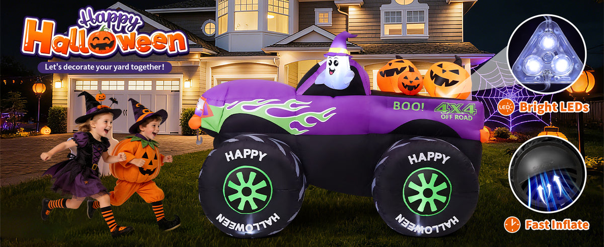 GOOSH 69469 8-Foot Halloween Monster Truck & Ghost & Pumpkin Inflatable – Purple – product detail
