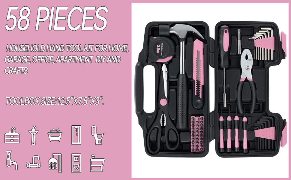 MARTCOLOR M836-Pink 58-Piece Household Hand Tool Kit – Pink – product detail