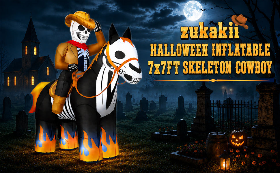 zukakii QM-WS-041 7-Foot Halloween Skeleton Cowboy & Horse Inflatable – Black – product detail