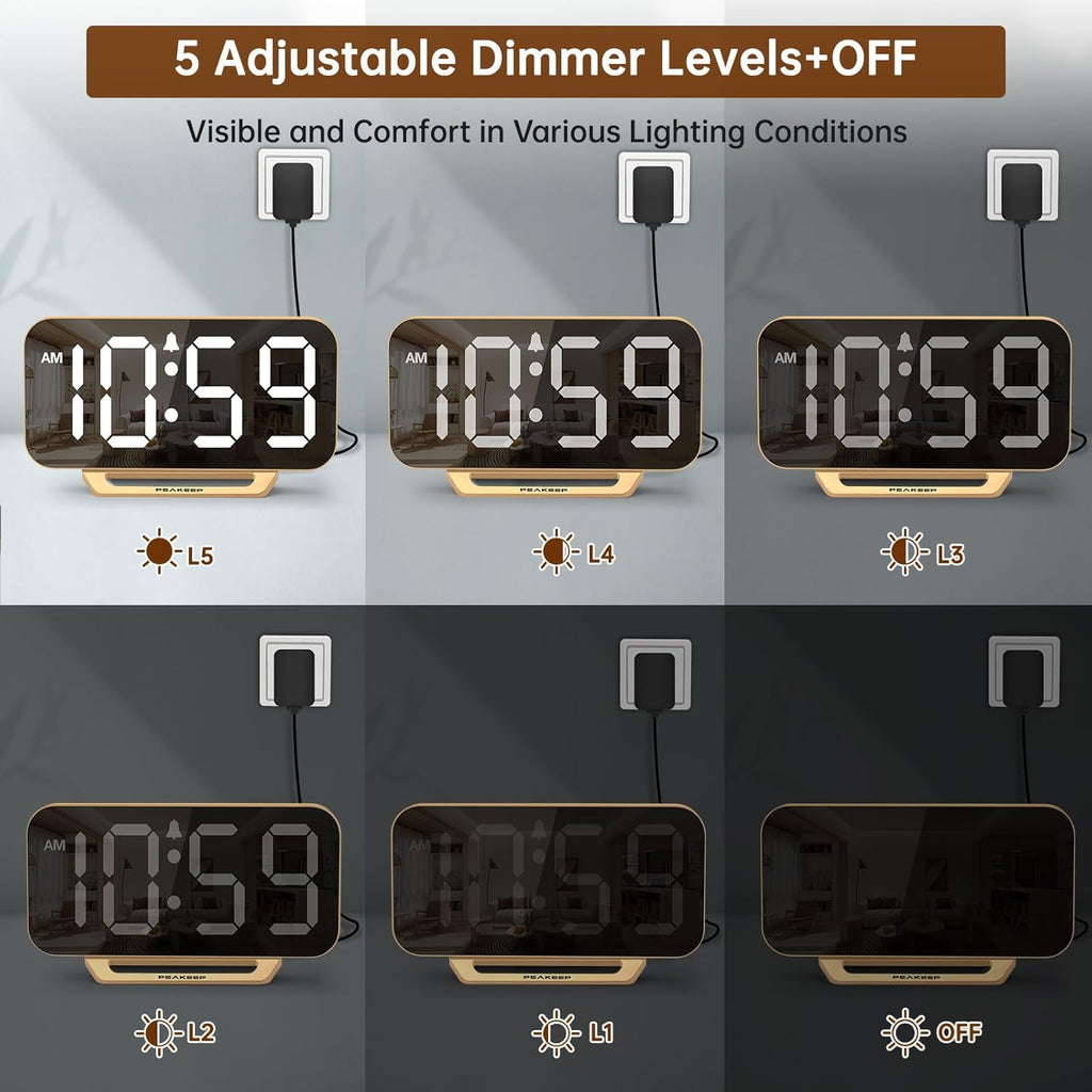 Peakeep Mirror Digital Alarm Clock, Gold