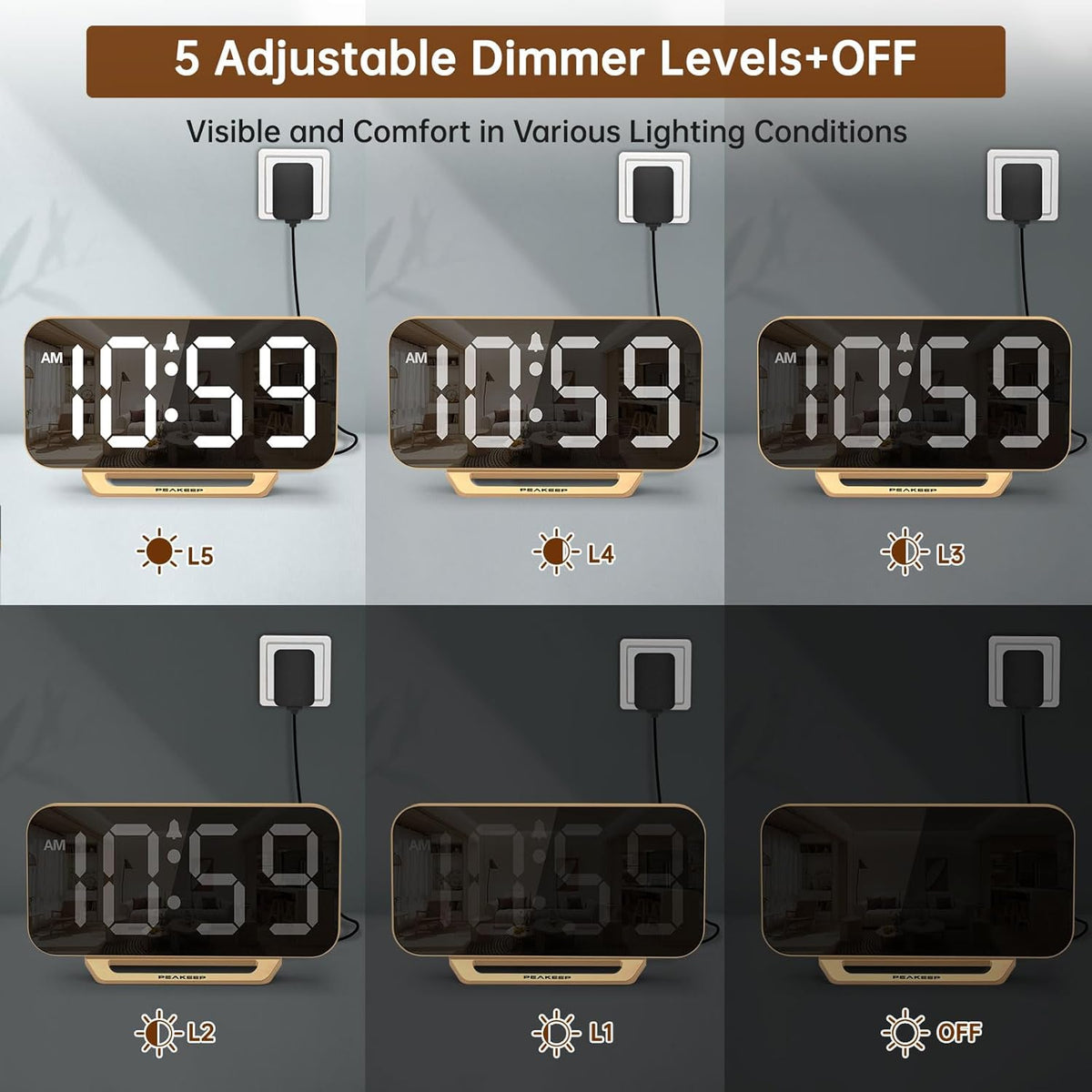 Peakeep Mirror Digital Alarm Clock, Gold