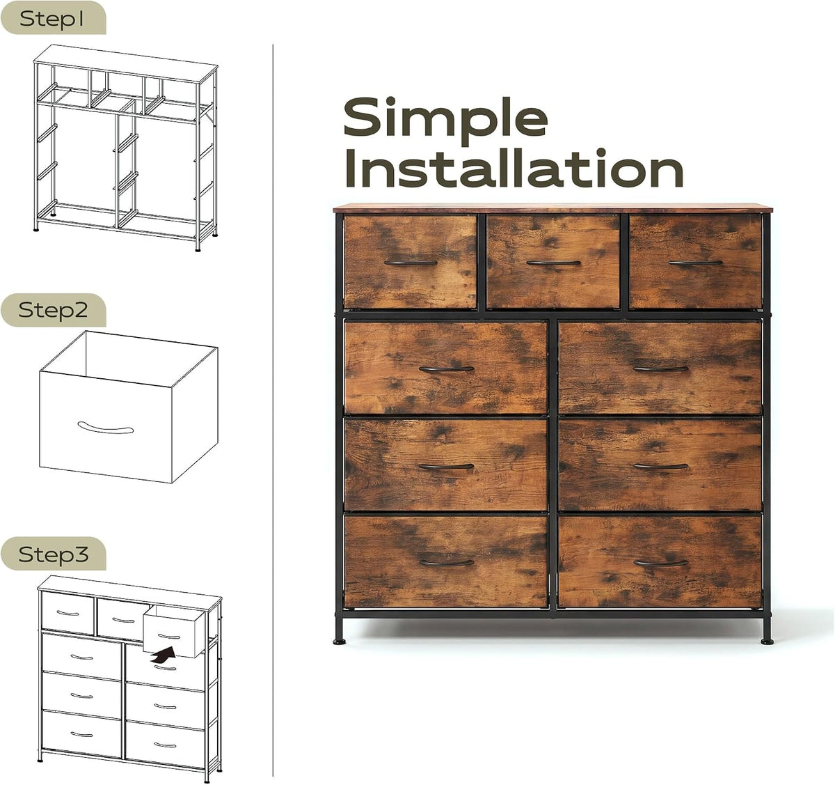 WLIVE 9-Drawer Fabric Dresser in Rustic Brown