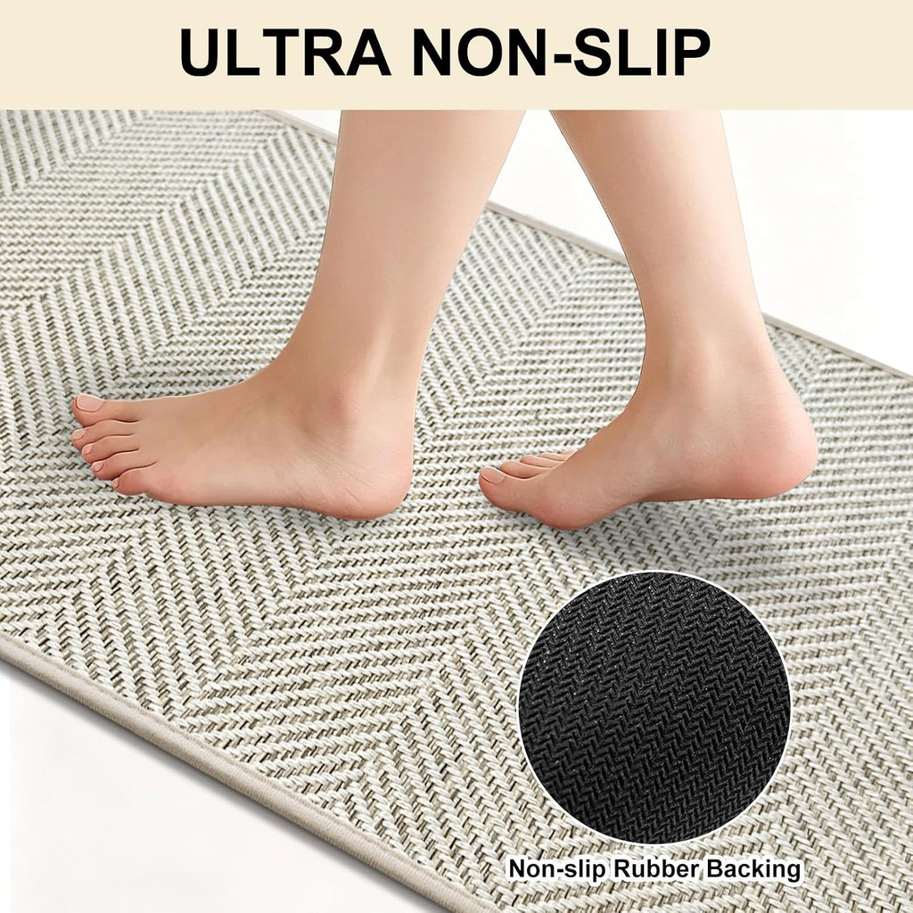 HDFK Herringbone Kitchen Rug Set, Beige, 2 Pieces