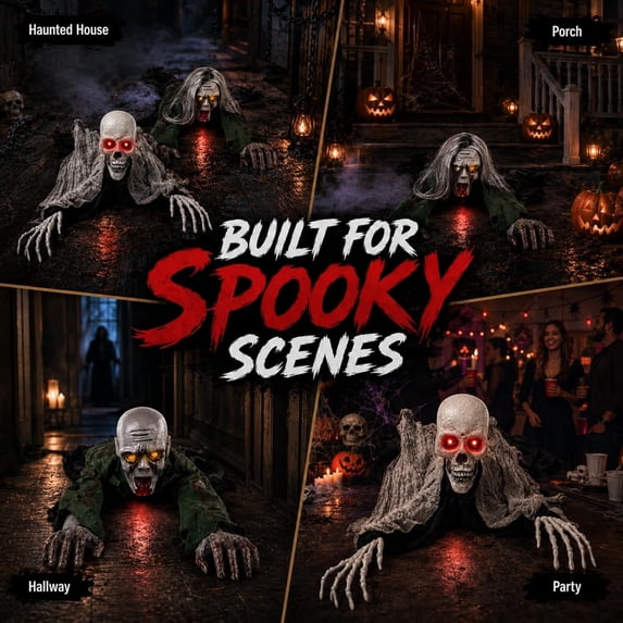 Crawling Zombie Animatronic, Moving Arms, Red Glowing Eyes & Scary Sounds for Haunted House, Hallway & Party & Spooky Home Decor Motorized Creeping Zombie