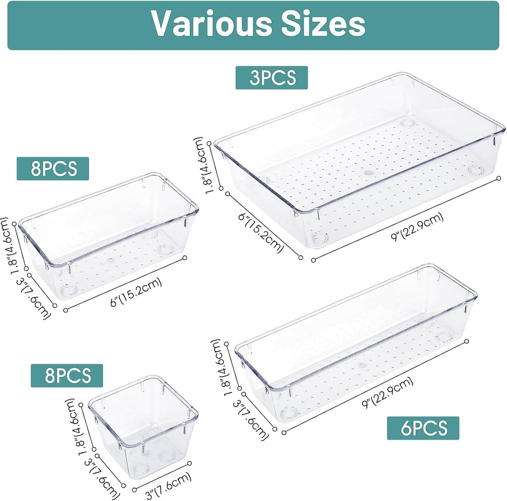 WOWBOX Clear Drawer Organizer Trays, 25-Pack