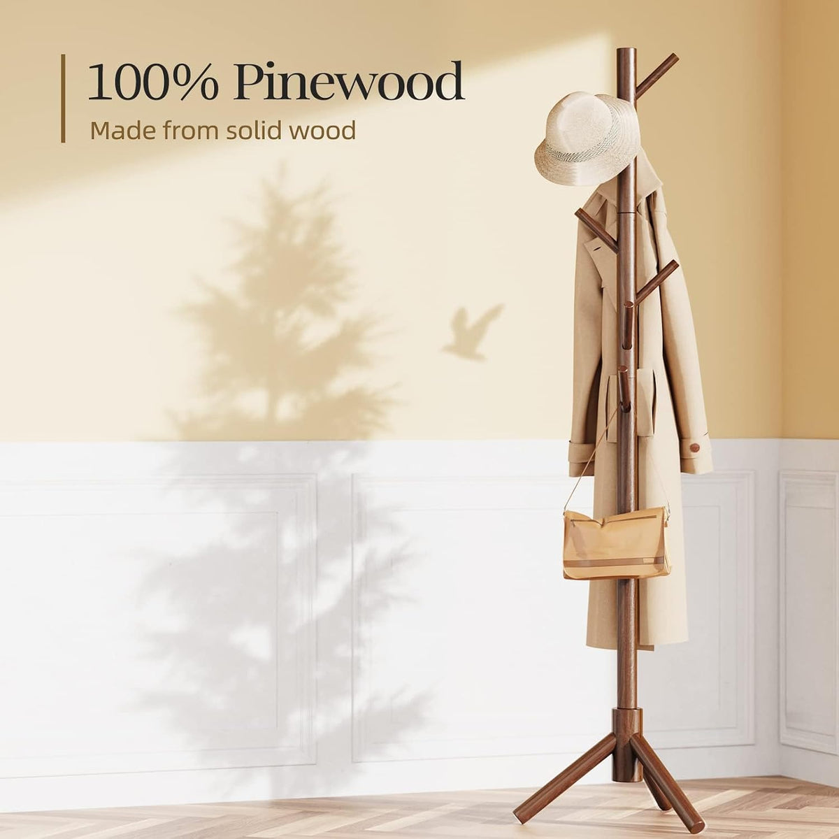 Pipishell Wooden Coat Rack with Eight Hooks, Brown