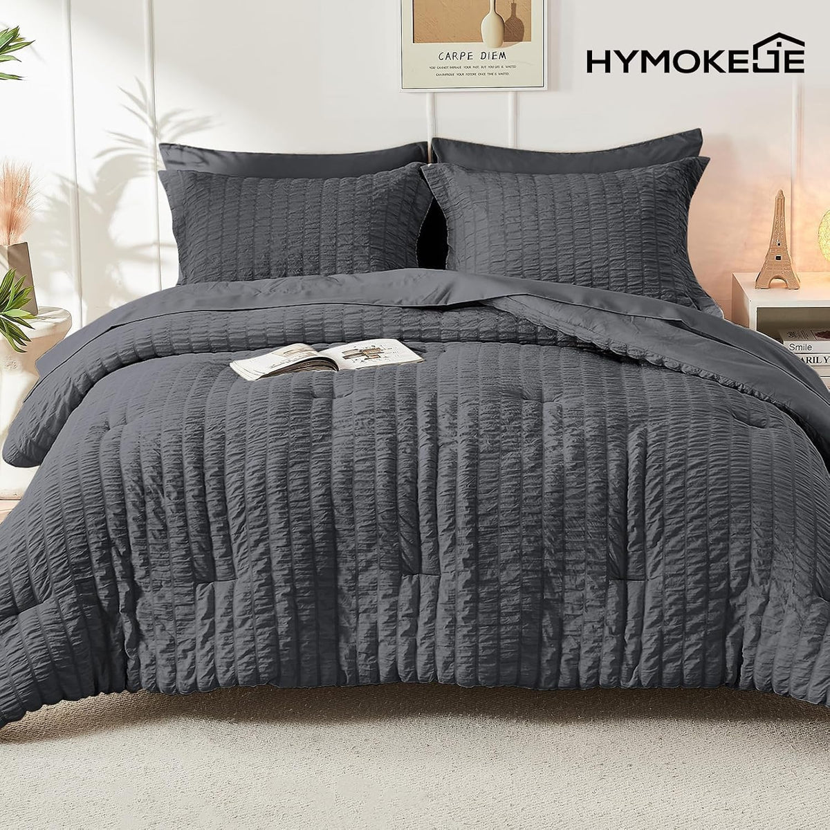 HYMOKEGE Queen Seersucker Bedding Set, 7 Pieces, Dark Grey