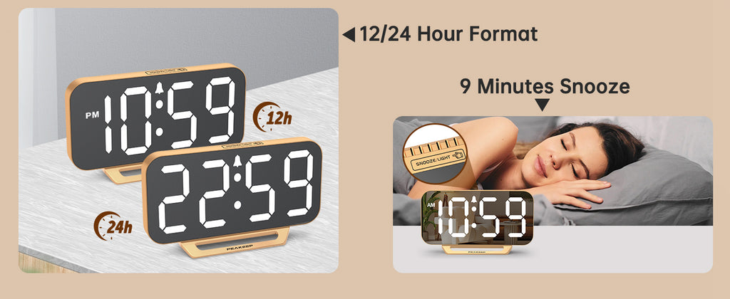 Peakeep Mirror Digital Alarm Clock, Gold