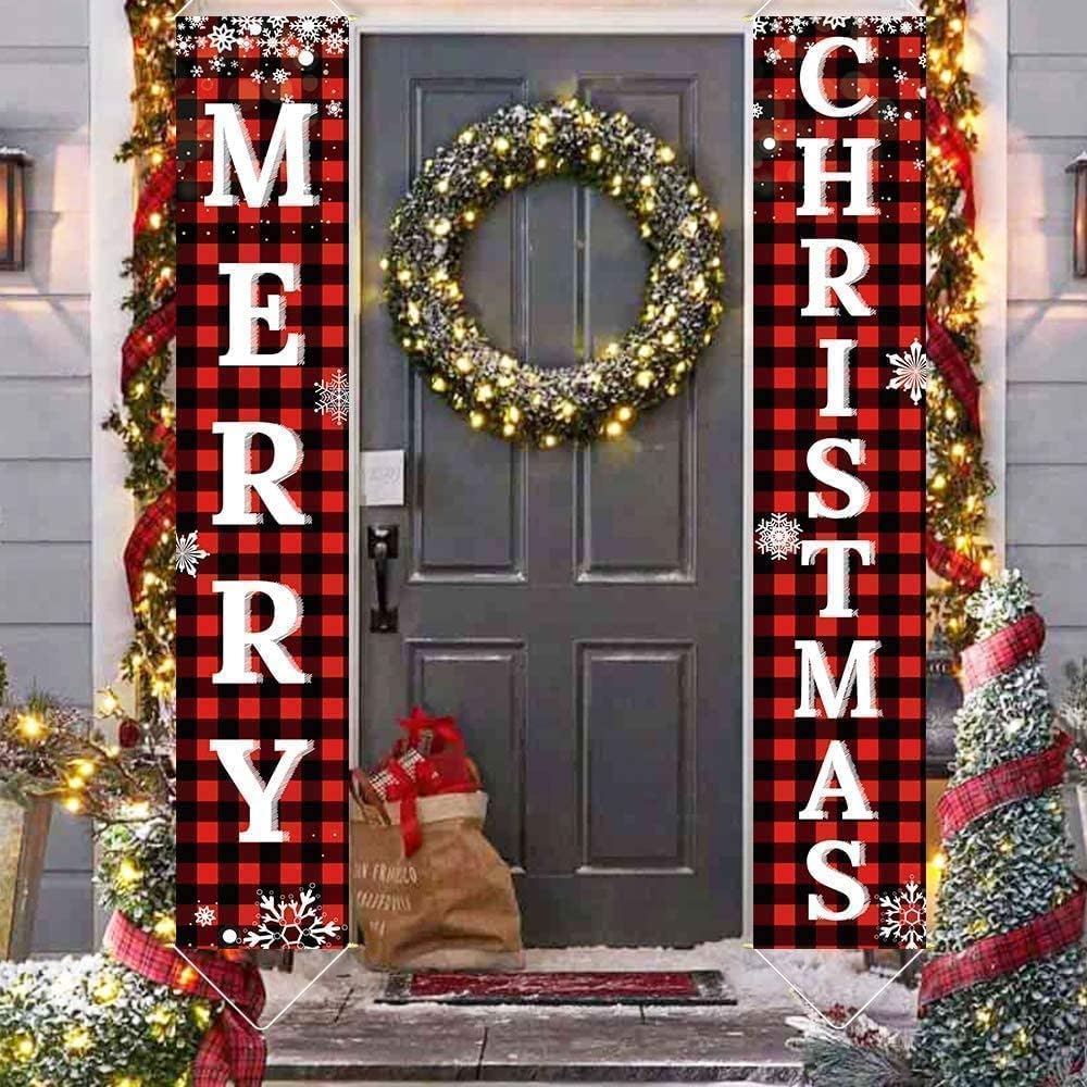 Ivenf Merry Christmas Porch Banners, Red and Black Plaid, Set of 2
